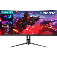 34G6K-PRO Монитор Hisense/ 34"/3440x1440, изогнутый, VA, 21:9, матовое/антибликовое, 180Гц, время отклика 1мс, 280кд/м2, 4000:1, HDR 400, DisplayPort, HDMIх2, разъем для наушников 3.5мм