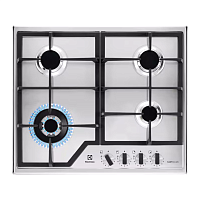 Встраиваемые газовые панели ELECTROLUX/ Газовая варочная поверхность -нержавеющая сталь, мощность: 8550 Вт, WOK-конфорка, автоматический электроподжиг, газ-контроль, решетки: чугун, независимая установка, размеры (ШхГ): 59.5x51 см