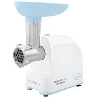 MF-232WB Мясорубка MAUNFELD/ Мясорубка MAUNFELD MF-232WB, производительность 1.3 кг/мин, 4 насадки, реверс, мощность 1340 Вт, цвет белый/голубой