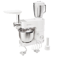 KKM0105Polar Кухонная машина KORTING/ Кухонная машина KORTING, мощность 1200 Вт, 7 насадок (планетарный миксер с 3-мя насадками, мясорубка, насадка для колбас, насадка для кеббе, насадка-блендер), объем чаши 5.5 л, 8 скоростей, импульсный режим, механичес