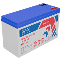 HR12-40W Батарея Vektor Battery серия HR, HR 12-40W, напряжение 12В, емкость 9 Ач (разряд 20 часов), макс. ток разряда (5 сек.) 135А, макс. ток заряда 2,7A, свинцово-кислотная типа AGM, клеммы F2, ДxШxВ 151x65x100мм., вес 12,55г., срок службы 8 лет