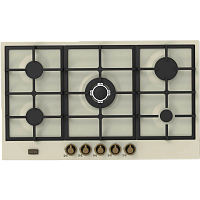 Встраиваемая варочная панель Korting/ Газ, 90см, Поворотные регуляторы, Газ-контроль, 5 высокоэффективных газовых конфорки, Чугунная подставка WOK, слоновая кость, ручки бронза