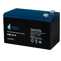 HM-12-9 Battery Parus Electro, standard series HM-12-9, voltage 12V, capacity 9Ah (discharge 20 hours), max. discharge current (5sec) 135A, max. charge current 3.6A, lead-acid type AGM, terminals F2, LxWxH 151x65x94mm., total height with terminals 100mm.,