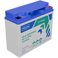 GP12-18SA Батарея Vektor Battery серия GP (S), GP 12-18SA, напряжение 12В, емкость 18,9 Ач (разряд 10 часов), макс. ток разряда (5 сек.) 120А, макс. ток заряда 3,6 А, свинцово-кислотная типа AGM, клеммы M5,5, ДxШxВ 182x77x166мм., вес 5,10 кг., срок службы