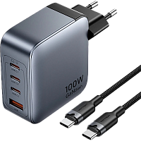 TZ-FETH0-EU Набор Vention з/у на 4 порта GaN 100W USB (C+C+C+A) и кабель USB-C 5А Серый