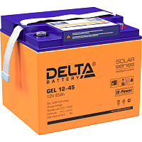 GEL12-45 Батарея DELTA серия GEL, GEL 12-45, напряжение 12В, емкость 45Ач (разряд 20 часов), макс. ток разряда (5 сек.) 450А, макс. ток заряда 9А, свинцово-кислотная типа AGM+GEL, клеммы под болт М6, ДxШxВ 196х166х173мм., вес 14.1кг., LCD, срок службы 10-