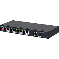 DH-PFS3110-8ET1GT1GF-96 8-портовый неуправляемый коммутатор с РОЕ, Порты: 8 RJ45 10/100Мбит/с (PoE/PoE+/Hi-PoE/IEEE 802.3bt) 1 RJ45 10/100/1000Мбит/с (uplink) 1 SFP 1000Мбит/с (uplink); мощность PoE: порты 1 до 90Вт порты 28 до 30Вт суммарно до 96Вт; PoE