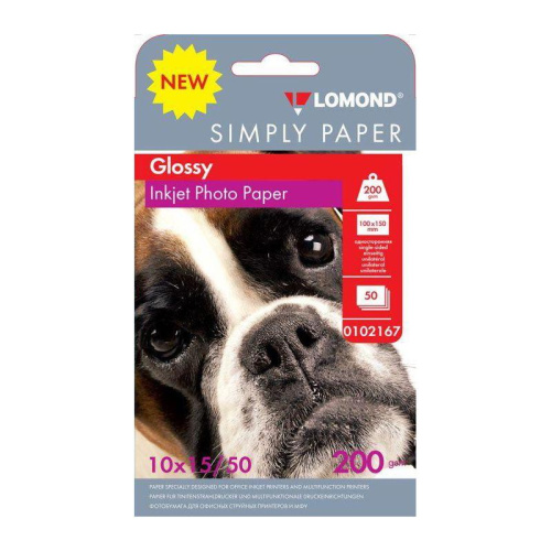 Бумага Lomond Simply 0102167 10x15/200г/м2/50л./белый CIE148% глянцевое для струйной печати Бумага Lomond Simply 0102167 10x15/200г/м2/50л./белый CIE148% глянцевое для струйной печати