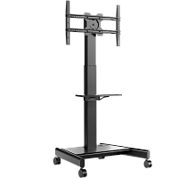 TS1552EliftBLACK Мобильная стойка МОТОРИЗОВАННАЯ ONKRON на 1 ТВ/ 43-75" от 100х200 до 400х600 наклон +5"/-10" поворот 0" макс нагр 65кг Высота 950-1600мм, кабель-канал, 2 полки, регулировка полок по высоте, колесики с блокировкой, черная