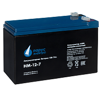 HM-12-7 Battery Parus Electro, standard series HM-12-7, voltage 12V, capacity 7.2Ah (discharge 20 hours), max. discharge current (5sec) 105A, max. charge current 2.88A, lead-acid type AGM, terminals F2, LxWxH 151x65x94mm., total height with terminals 100m