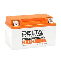 CT1207 Аккумуляторная батарея для мото-техники/ DELTA серия CT, CT 1207, напряжение 12В, емкость 7 Ач (разряд 10 часов 10.5 В), пусковой ток: 105А, полярность обратная ( - +), тип AGM;Pb (свинцово-кислотный), клеммы: BN под болт, ДxШxВ 150x86x94мм., вес 2
