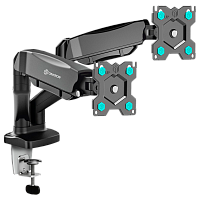 ONKRONG160BLACK Кронштейн для 2 мониторов ONKRON/ 13-32" ГАЗЛИФТ макс 100*100 наклон -90º/+90º, поворот +-90°, 2 колена, вылет от стены до 450мм, крепление к столу 10-83мм, макс общий вес 6,5кг, черный