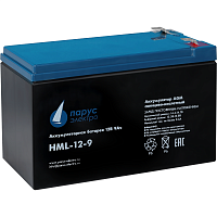 HML-12-9 Battery Parus Electro, professional series HML-12-9, voltage 12V, capacity 9Ah (discharge 20 hours), max. discharge current (5sec) 135A, max. charge current 3.6A, lead-acid type AGM, terminals F2, LxWxH 151x65x94mm., total height with terminals 1