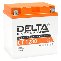 CT1230 Аккумуляторная батарея для мото-техники/ DELTA серия CT, CT 1230, напряжение 12В, емкость 30 Ач (разряд 10 часов 10.5 В), пусковой ток: 300А, полярность обратная ( - +), тип AGM;Pb (свинцово-кислотный), клеммы: BN под болт, ДxШxВ 168x126x175мм., ве