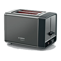 Тостер Bosch/ Тостер Bosch, 2 отделения, 7 уровней прожарки, электромеханическое управление, поддон для крошек, мощность 970 Вт, функция разморозки, подогрев, КНОПКА "Stop", цвет графитовый/черный