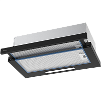 Tel60B Встраиваемая телескопическая вытяжка, 60 см, отвод/циркуляция, механический контроль, 2 скорости работы, производительность 670 м3/ч, LED освещение, металл, черный, 598х305-495х201 мм.