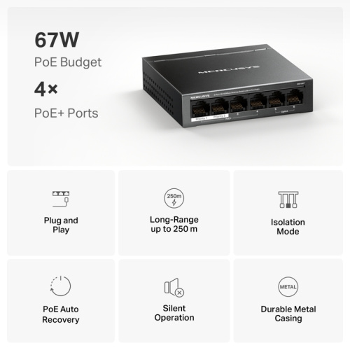MS106P Коммутатор/ 6-Port 10/100Mbps Desktop Switch with 4-Port PoE+ фото 4