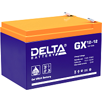 GX12-12 Батарея DELTA серия GX, GX 12-12, напряжение 12В, емкость 12Ач (разряд 20 часов), макс. ток разряда (5 сек.) 180А, макс. ток заряда 2.3А, свинцово-кислотная типа GEL, клеммы F2, ДxШxВ 151х98х95мм., вес 3.67кг., срок службы 15 лет./ Battery DELTA s
