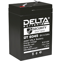 DT6045 Батарея DELTA серия DT, DT 6045, напряжение 6В, емкость 4.5Ач (разряд 20 часов), макс. ток разряда (5 сек.) 70А, макс. ток заряда 1.35А, свинцово-кислотная типа AGM, клеммы F1, ДxШxВ 70х47х100мм., вес 0.75кг., срок службы 5 лет./ Battery DELTA seri