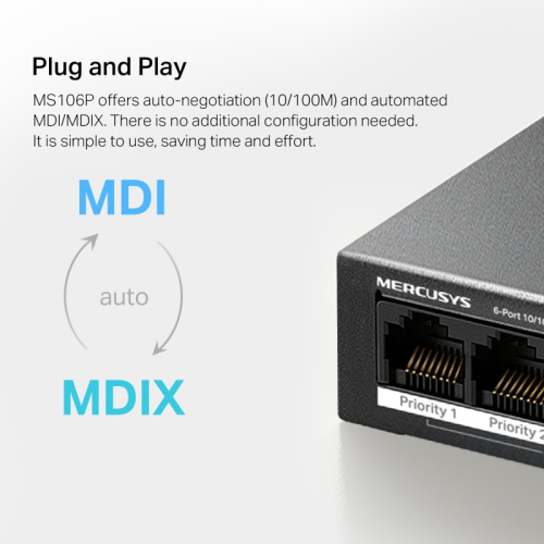 MS106P Коммутатор/ 6-Port 10/100Mbps Desktop Switch with 4-Port PoE+ фото 9